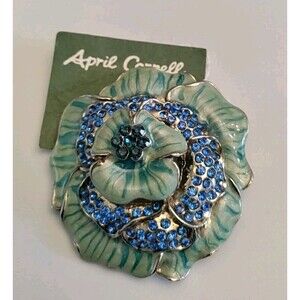 April Cornell Green Enamel & Blue Rhinestone Brooch Vintage